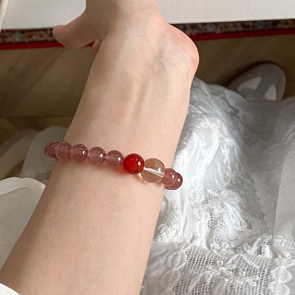 Pink Strawberry Quartz & Red Agate Crystal Bracelet – Enhance Relationships & Love Energy