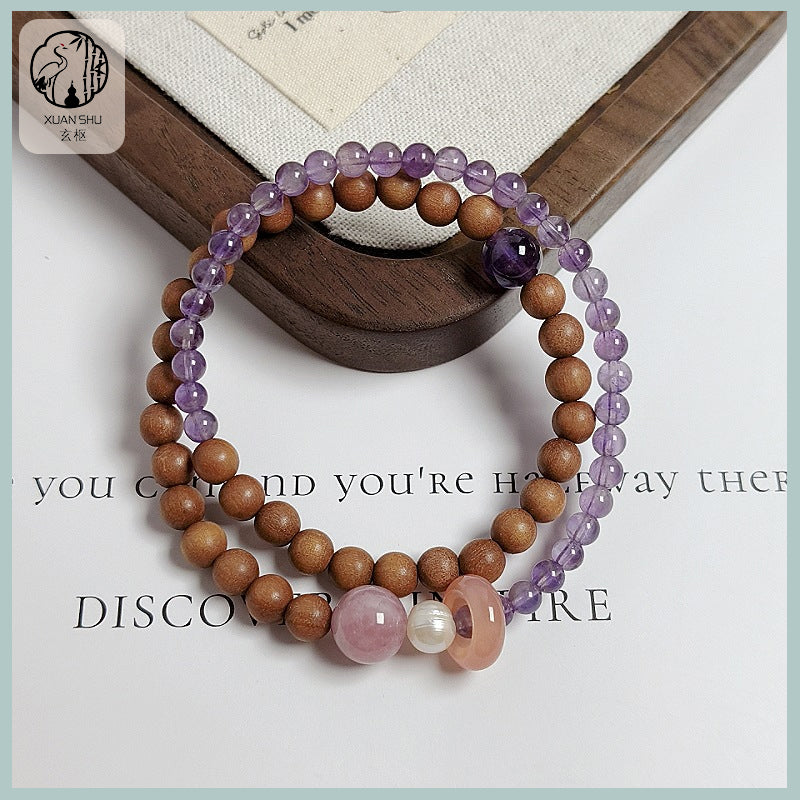 Sandalwood & Natural Amethyst Double Circle Bracelet - Attract Wealth & Protective Energy