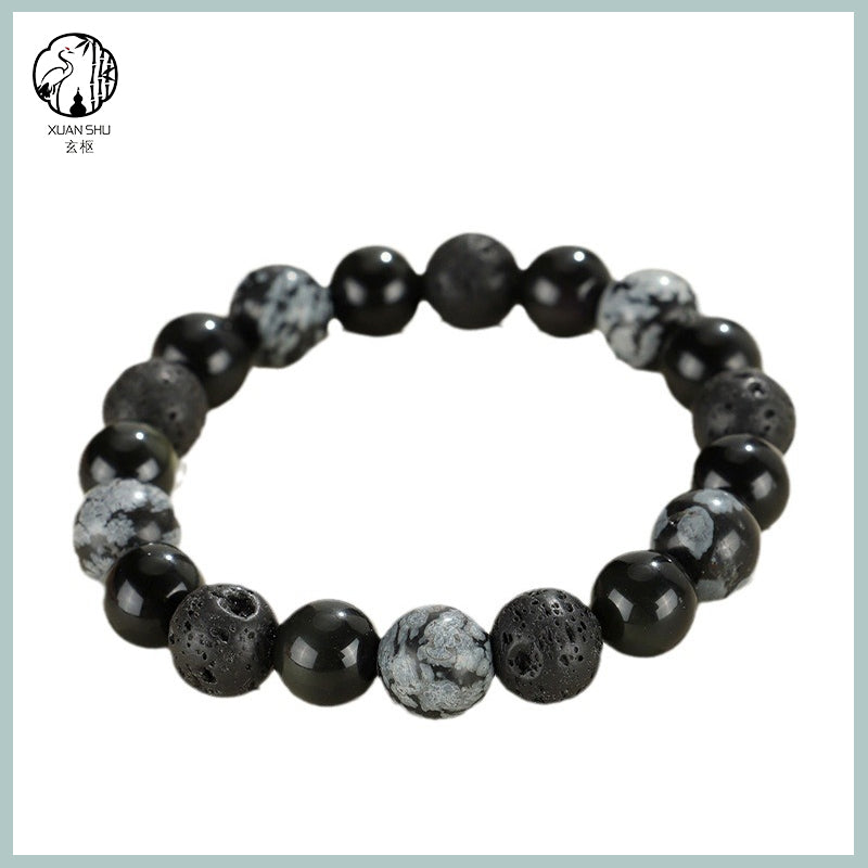 Obsidian Snowflake Lava Stone Couple Tai Chi Bracelet – Enhance Relationship Luck and Foster Trust and Harmony