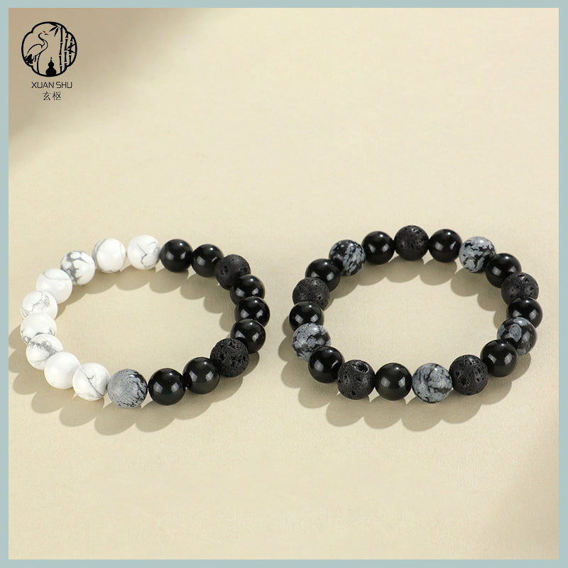 Obsidian Snowflake Lava Stone Couple Tai Chi Bracelet – Enhance Relationship Luck and Foster Trust and Harmony
