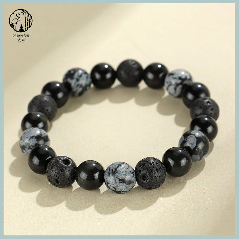 Obsidian Snowflake Lava Stone Couple Tai Chi Bracelet – Enhance Relationship Luck and Foster Trust and Harmony