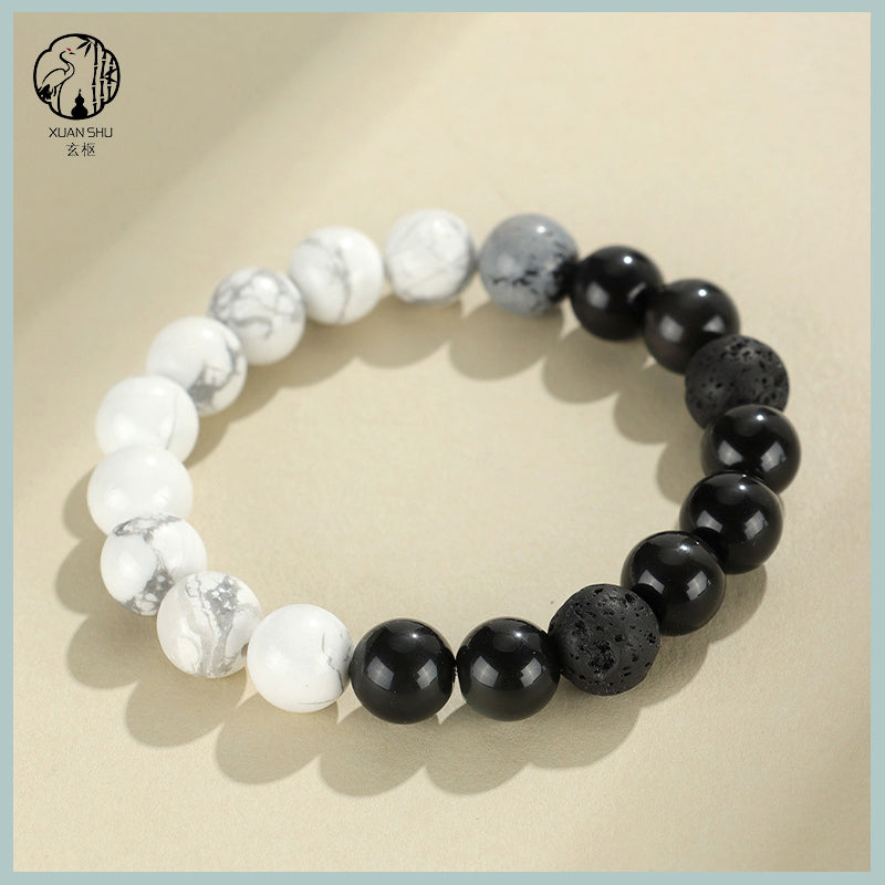 Obsidian Snowflake Lava Stone Couple Tai Chi Bracelet – Enhance Relationship Luck and Foster Trust and Harmony