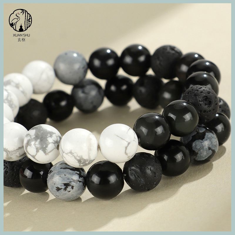 Obsidian Snowflake Lava Stone Couple Tai Chi Bracelet – Enhance Relationship Luck and Foster Trust and Harmony