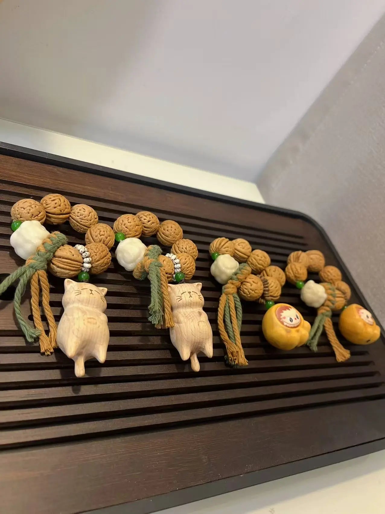 Peach Pit Hand Prayer Beads - Cat & Cat Paw Labubu
