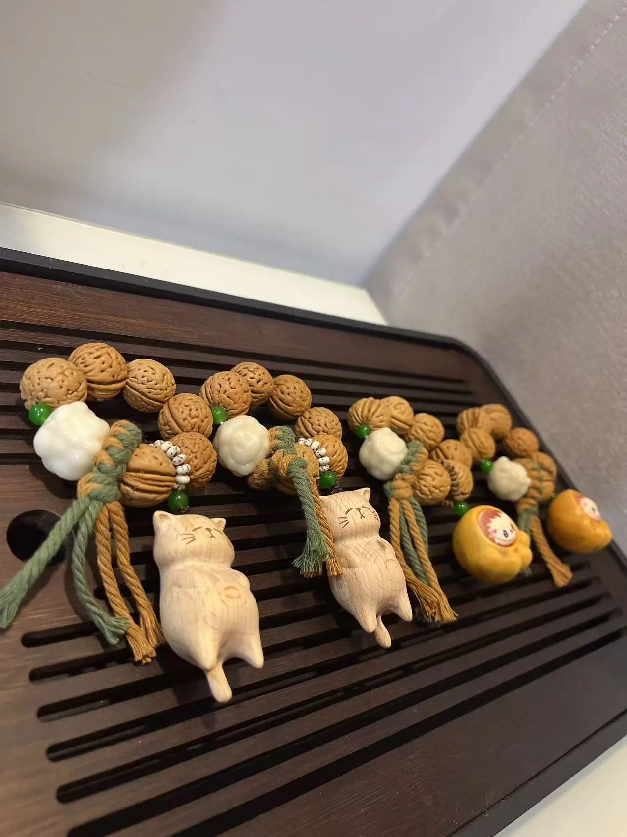 Peach Pit Hand Prayer Beads - Cat & Cat Paw Labubu
