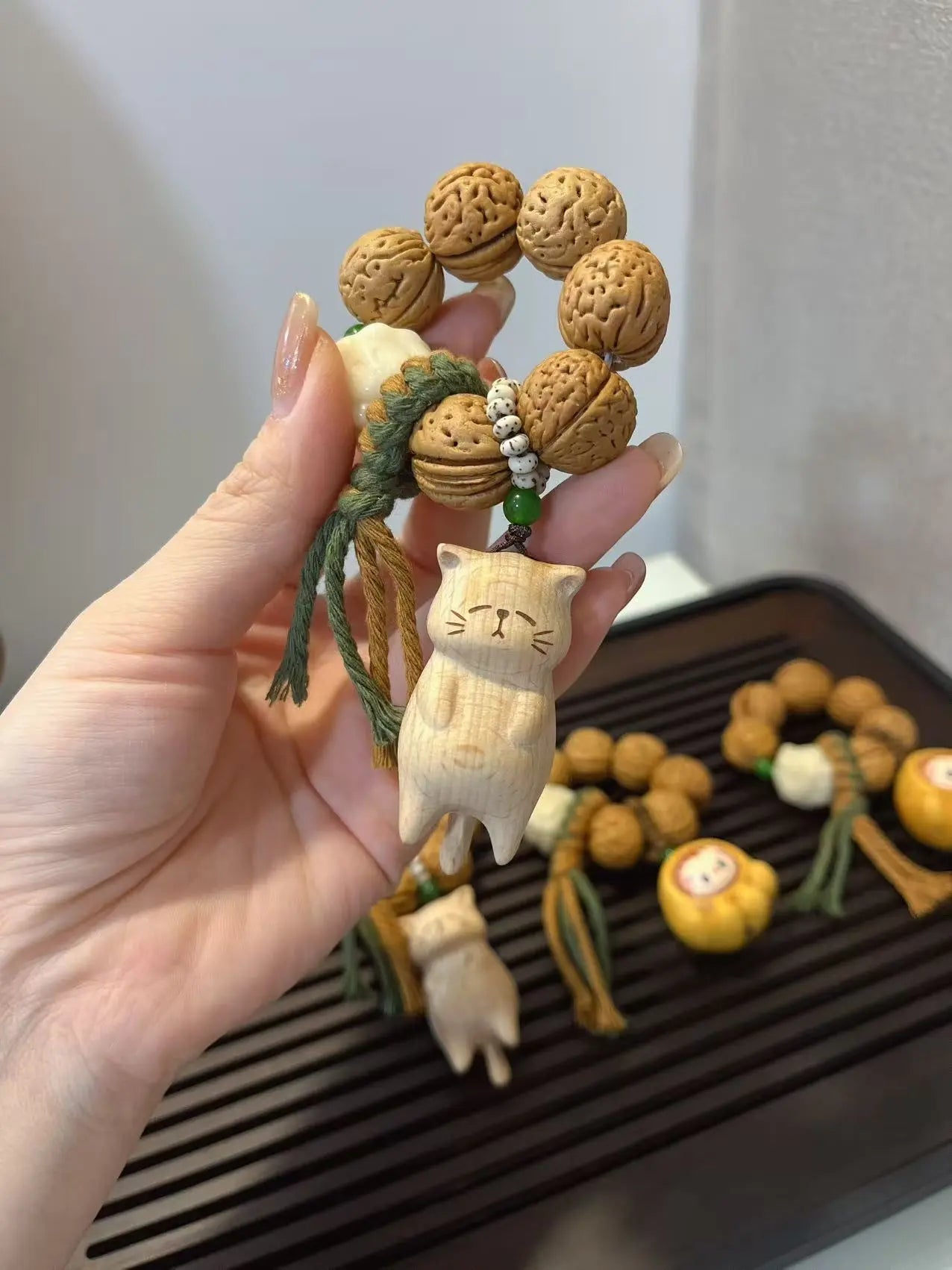 Peach Pit Hand Prayer Beads - Cat & Cat Paw Labubu