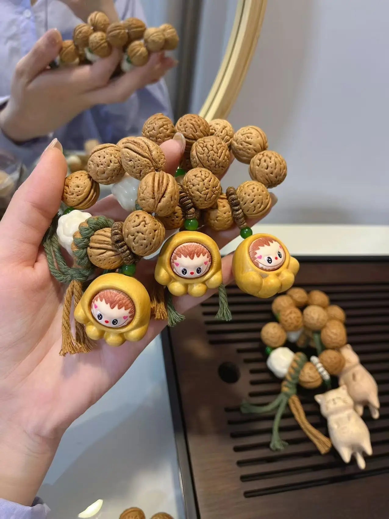Peach Pit Hand Prayer Beads - Cat & Cat Paw Labubu