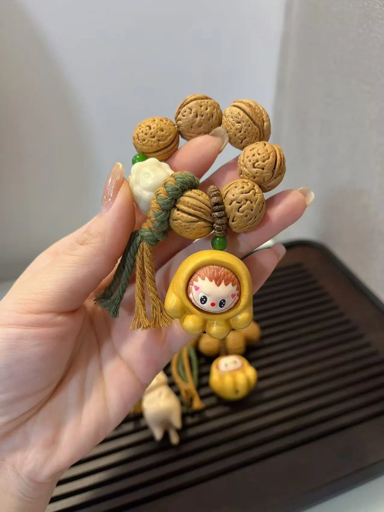 Peach Pit Hand Prayer Beads - Cat & Cat Paw Labubu