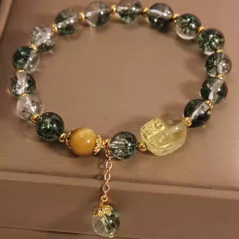 Sakura Green Phantom & Natural Citrine Pixiu Bracelet - Crystal Energy for Wealth, Protection & Emotional Healing Xuan Shu