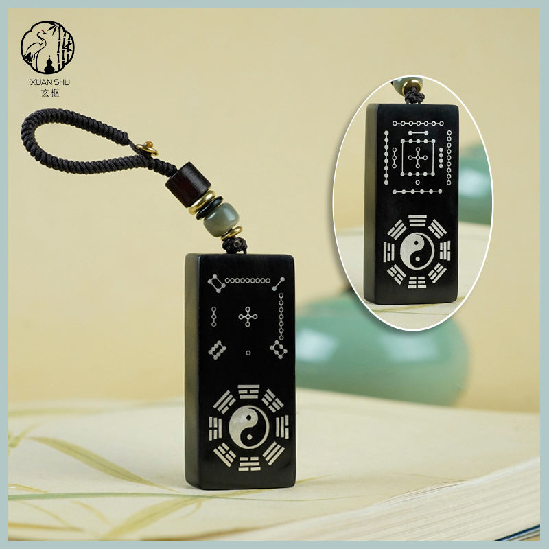 Purple Sandalwood & Black Ebony Inlaid Silver Taiji Nan Luo Shu He Tu Keychain Pendant –spiritual protection balance and prosperity