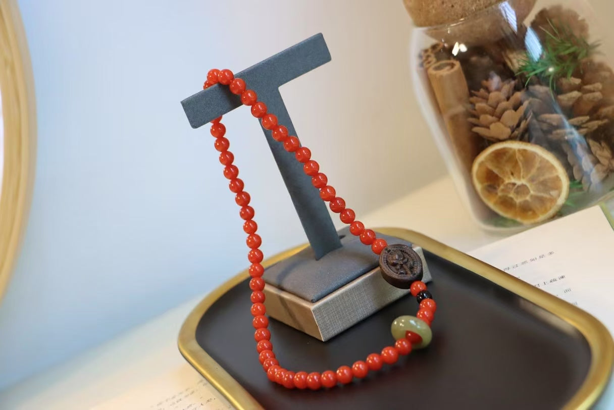 South Red Agate & Agarwood Rose Prayer Beads Bracelet – Protection & Spiritual Fortification