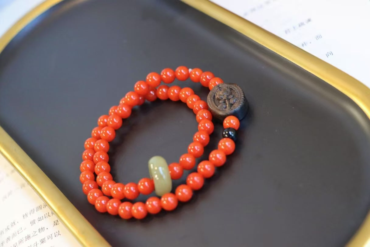 South Red Agate & Agarwood Rose Prayer Beads Bracelet – Protection & Spiritual Fortification