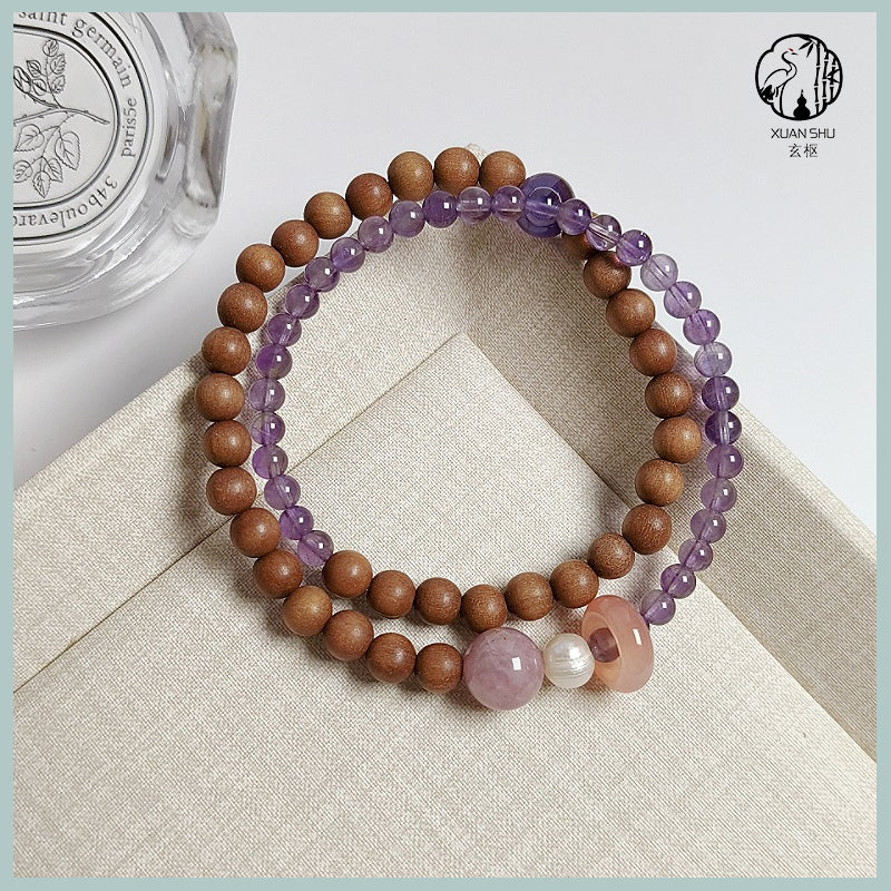 Sandalwood & Natural Amethyst Double Circle Bracelet - Attract Wealth & Protective Energy