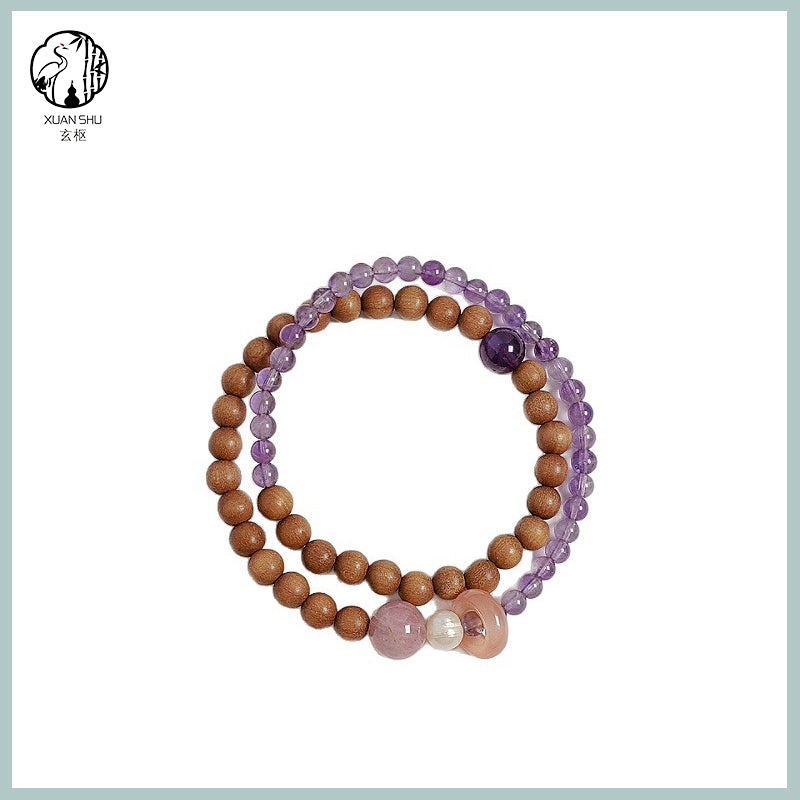 Sandalwood & Natural Amethyst Double Circle Bracelet - Attract Wealth & Protective Energy