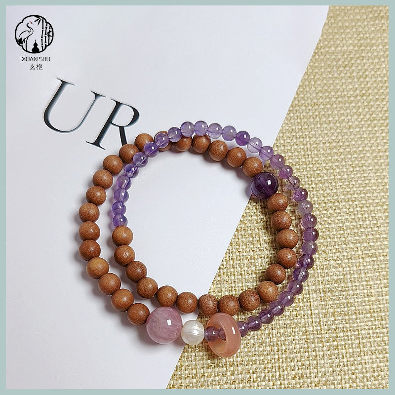 Sandalwood & Natural Amethyst Double Circle Bracelet - Attract Wealth & Protective Energy