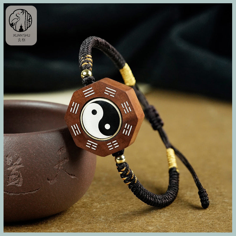 Zao Wood Inlaid Silver Taiji Bracelet - Feng Shui Energy Alignment for Prosperity & Good Luck