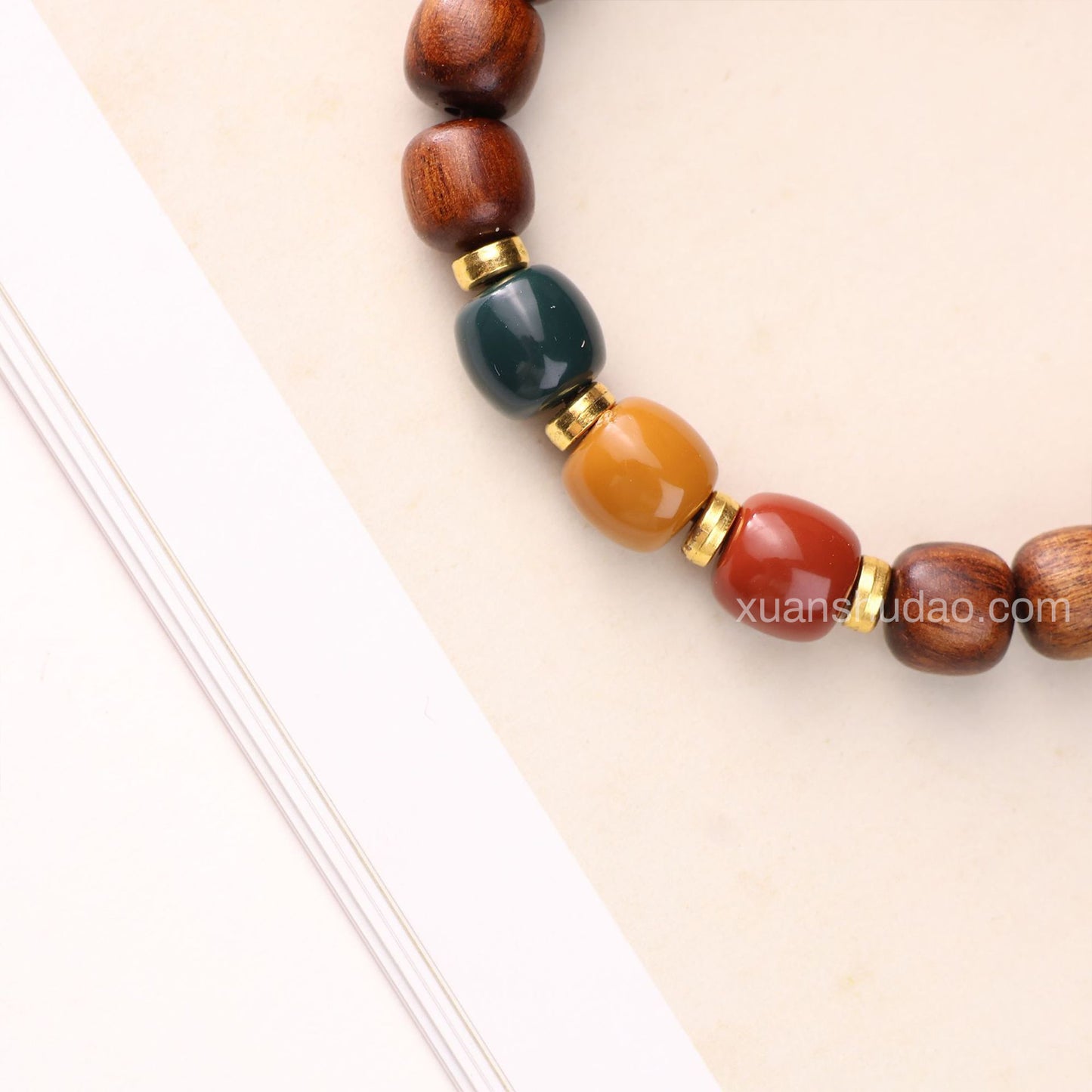 Black Rosewood Single Strand Bracelet with Red Yellow Green Bodhi Beads - For Energy Balancing & Grounding
