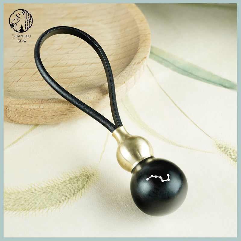 Solid Wood & Brass Gourd Keychain with Big Dipper Seven Stars | Feng Shui Protection and Cosmic Energy Balance