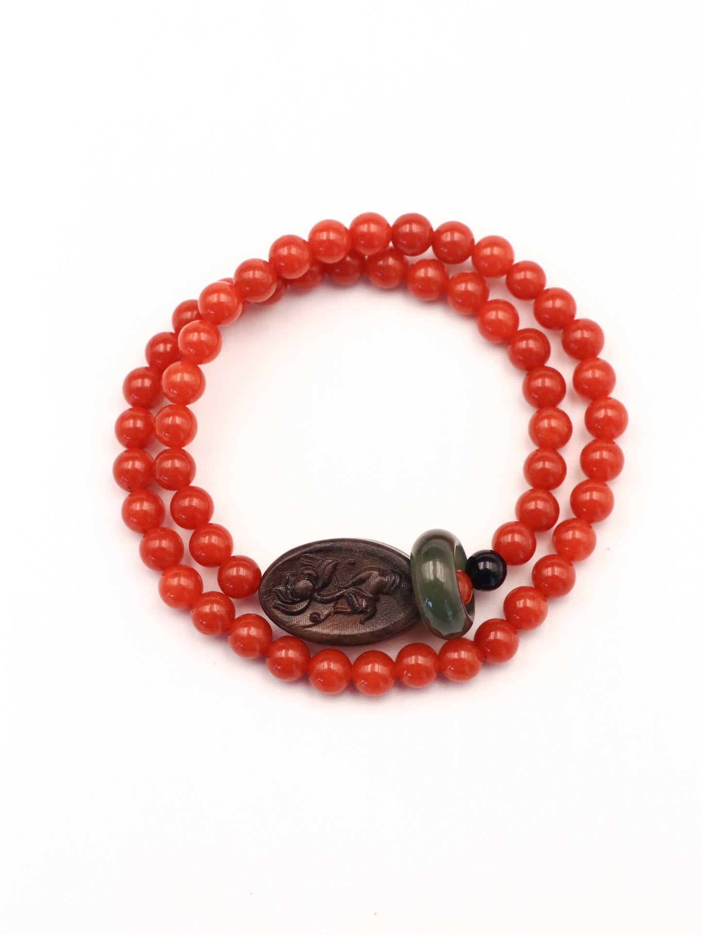 Spiritual Harmony Bracelet - Red Agate, Green Jade & Agarwood Rose Charm