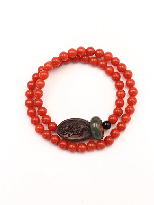 Spiritual Harmony Bracelet - Red Agate, Green Jade & Agarwood Rose Charm XUANSHU