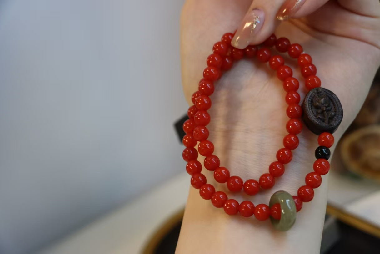South Red Agate & Agarwood Rose Prayer Beads Bracelet – Protection & Spiritual Fortification