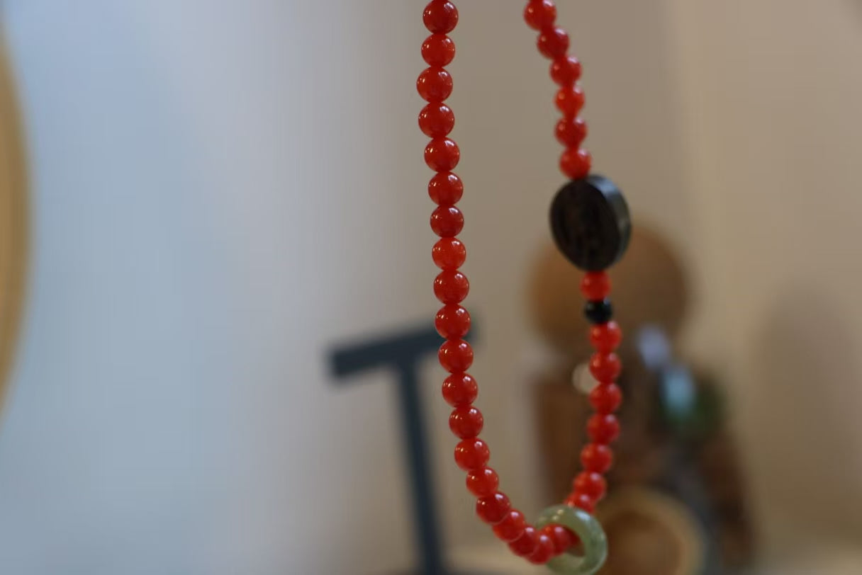 South Red Agate & Agarwood Rose Prayer Beads Bracelet – Protection & Spiritual Fortification