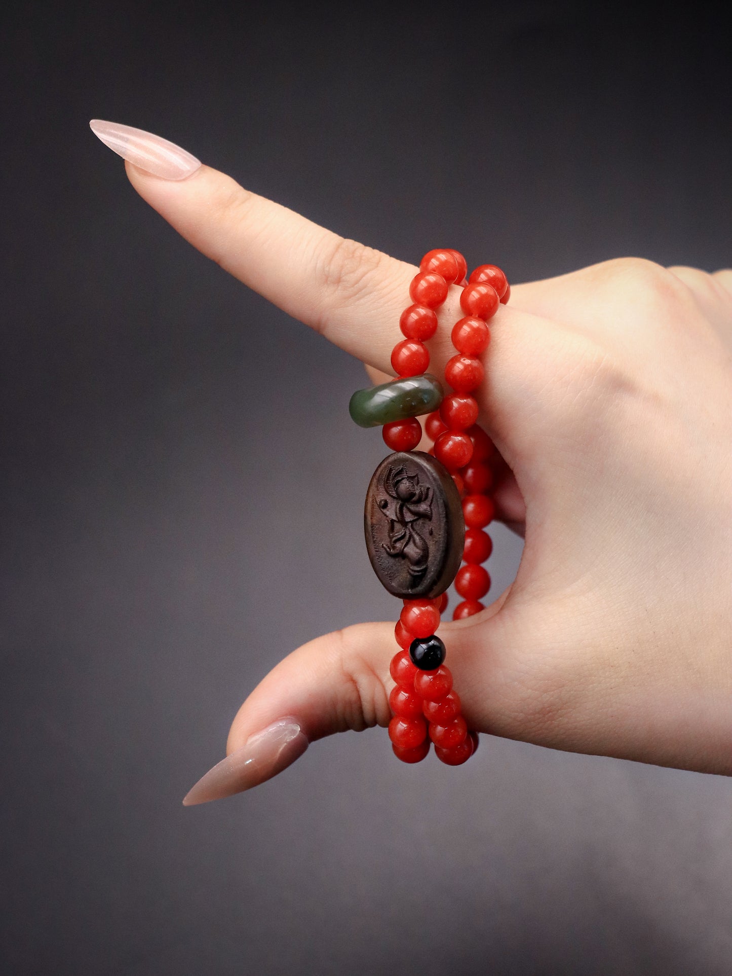 Spiritual Harmony Bracelet - Red Agate, Green Jade & Agarwood Rose Charm