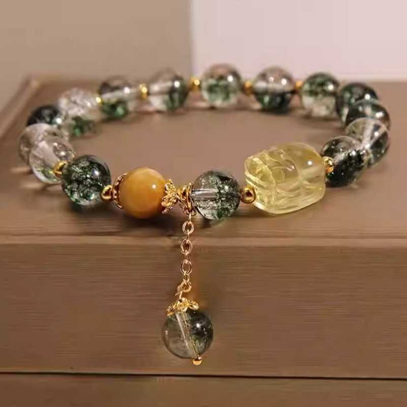 Sakura Green Phantom & Natural Citrine Pixiu Bracelet - Crystal Energy for Wealth, Protection & Emotional Healing Xuan Shu