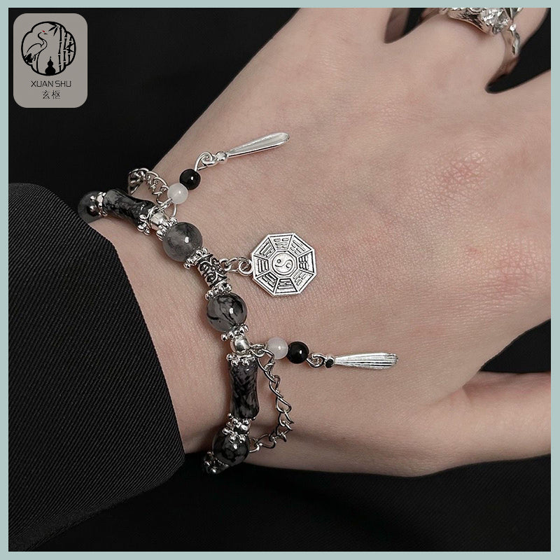 Ink Bamboo Segment Glass Bead Taiji Bagua Bracelet - Protection & Good Luck