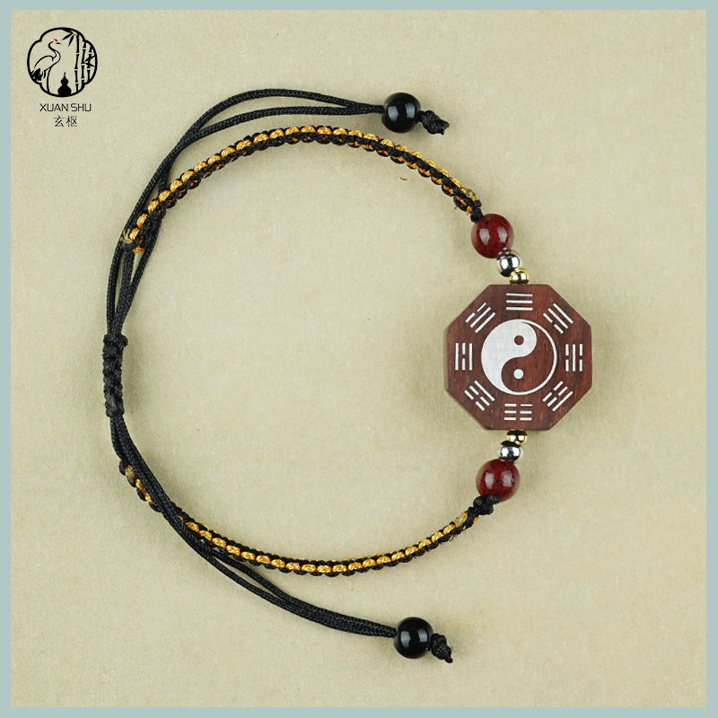 Zao Wood Inlaid Silver Taiji Bagua Braided Vajra Knot Bracelet - Handcrafted Spiritual Jewelry for Balance and Protection