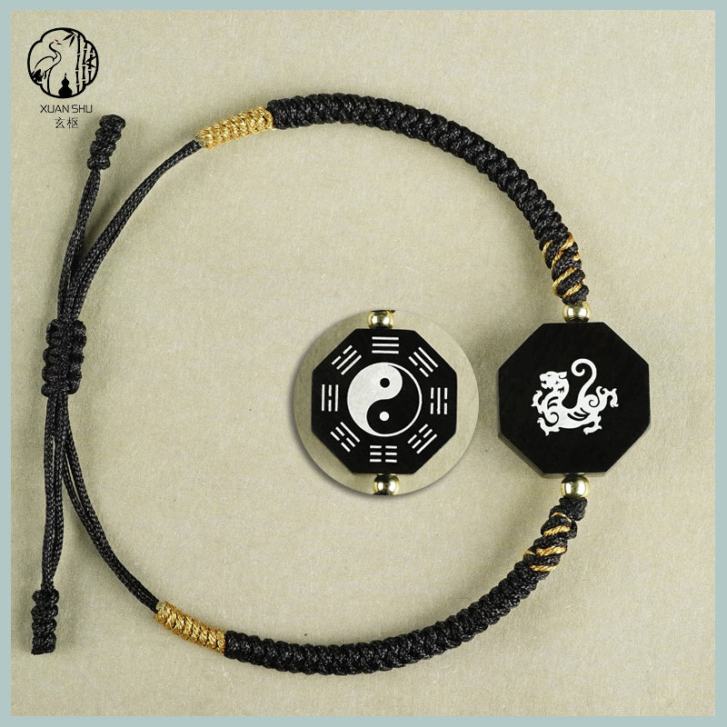 Zao Wood Inlaid Silver Taiji Bagua Braided Vajra Knot Bracelet - Handcrafted Spiritual Jewelry for Balance and Protection