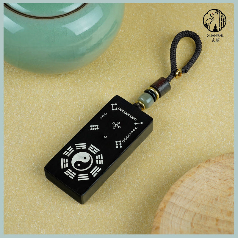 Purple Sandalwood & Black Ebony Inlaid Silver Taiji Nan Luo Shu He Tu Keychain Pendant –spiritual protection balance and prosperity