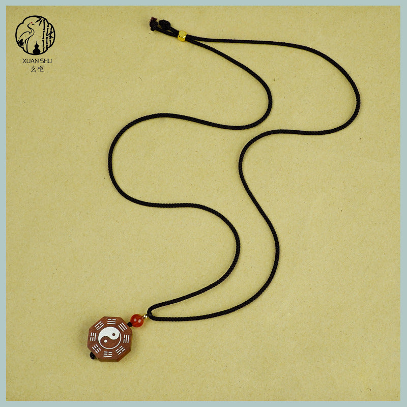 Zao Wood Inlaid Silver Bagua Taiji Pendant Mobile Chain Necklace - Taoist Spiritual Protection & Feng Shui Charm