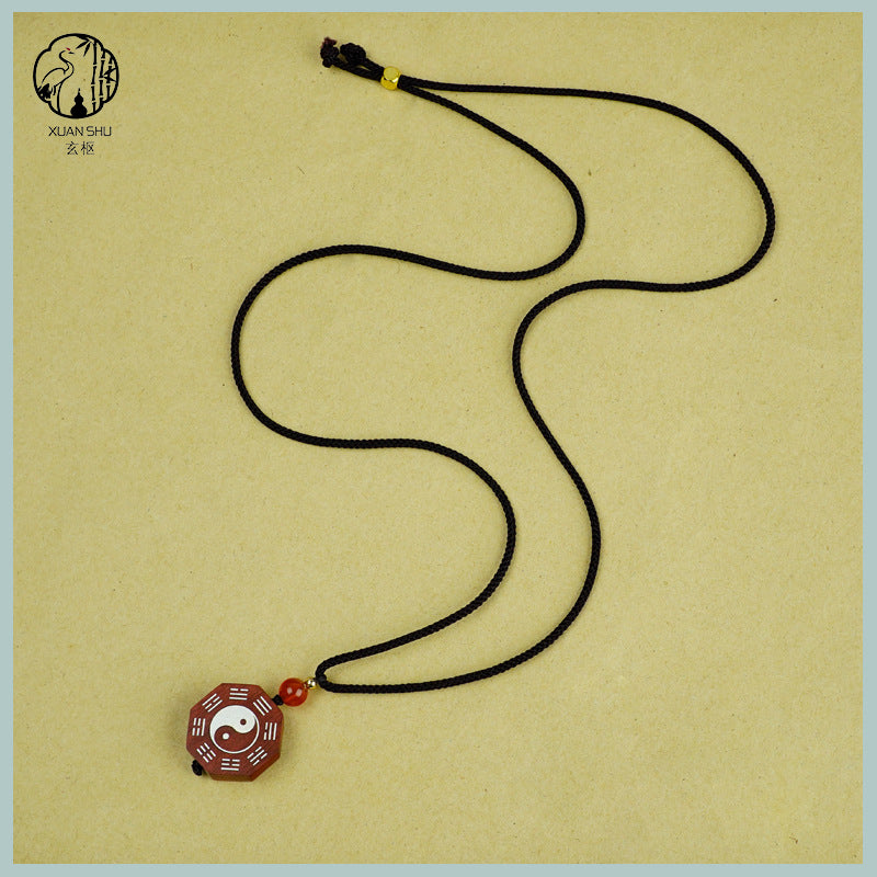 Zao Wood Inlaid Silver Bagua Taiji Pendant Mobile Chain Necklace - Taoist Spiritual Protection & Feng Shui Charm