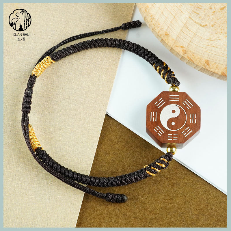 Zao Wood Inlaid Silver Taiji Bagua Braided Vajra Knot Bracelet - Handcrafted Spiritual Jewelry for Balance and Protection