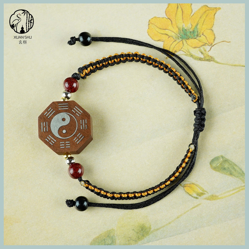 Zao Wood Inlaid Silver Taiji Bagua Braided Vajra Knot Bracelet - Handcrafted Spiritual Jewelry for Balance and Protection