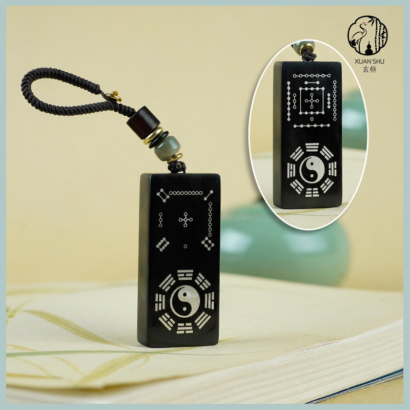 Purple Sandalwood & Black Ebony Inlaid Silver Taiji Nan Luo Shu He Tu Keychain Pendant –spiritual protection balance and prosperity