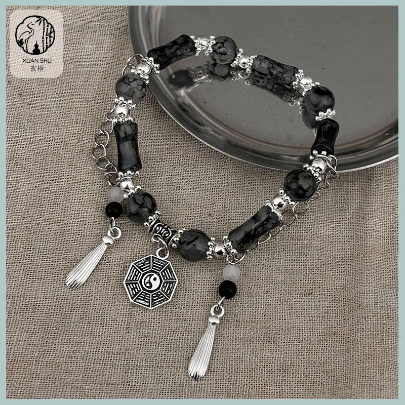 Ink Bamboo Segment Glass Bead Taiji Bagua Bracelet - Protection & Good Luck