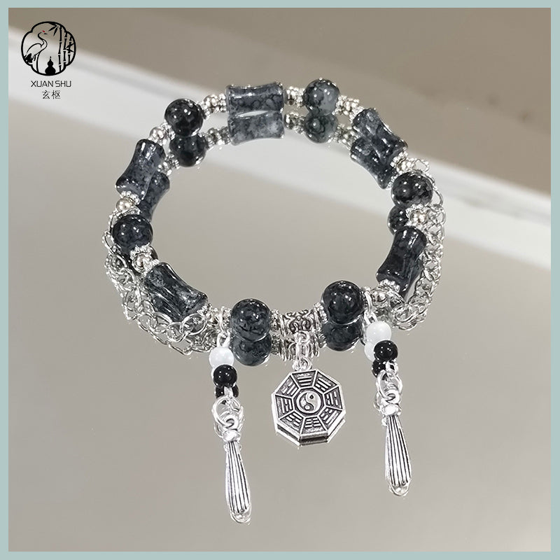 Ink Bamboo Segment Glass Bead Taiji Bagua Bracelet - Protection & Good Luck