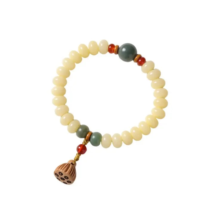 White Jade Milk Bean Bodhi Abacus Beads Double Strand Peach Wood Lotus Pod Bracelet - Longevity and Immortality