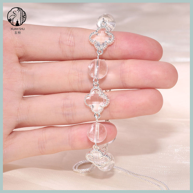 White Quartz Four-Leaf Clover Bracelet – Feng Shui Luck & Prosperity Jewelry