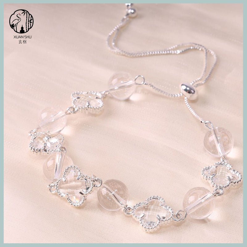 White Quartz Four-Leaf Clover Bracelet – Feng Shui Luck & Prosperity Jewelry