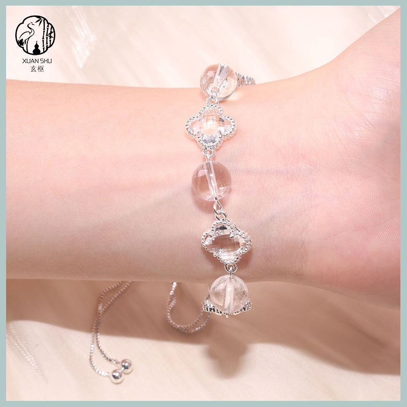 White Quartz Four-Leaf Clover Bracelet – Feng Shui Luck & Prosperity Jewelry