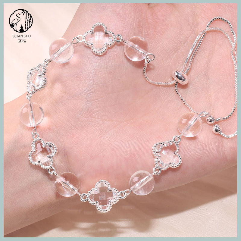 White Quartz Four-Leaf Clover Bracelet – Feng Shui Luck & Prosperity Jewelry