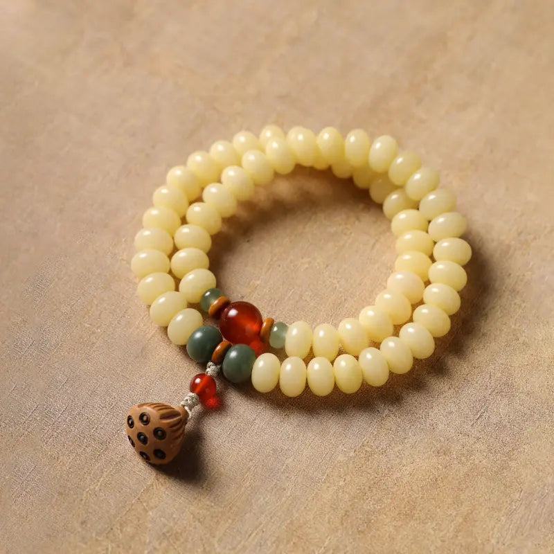 White Jade Milk Bean Bodhi Abacus Beads Double Strand Peach Wood Lotus Pod Bracelet - Longevity and Immortality