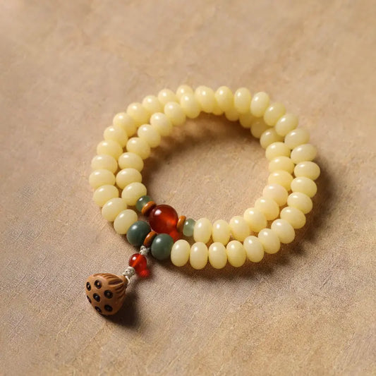 White Jade Milk Bean Bodhi Abacus Beads Double Strand Peach Wood Lotus Pod Bracelet - Longevity and Immortality XUANSHU