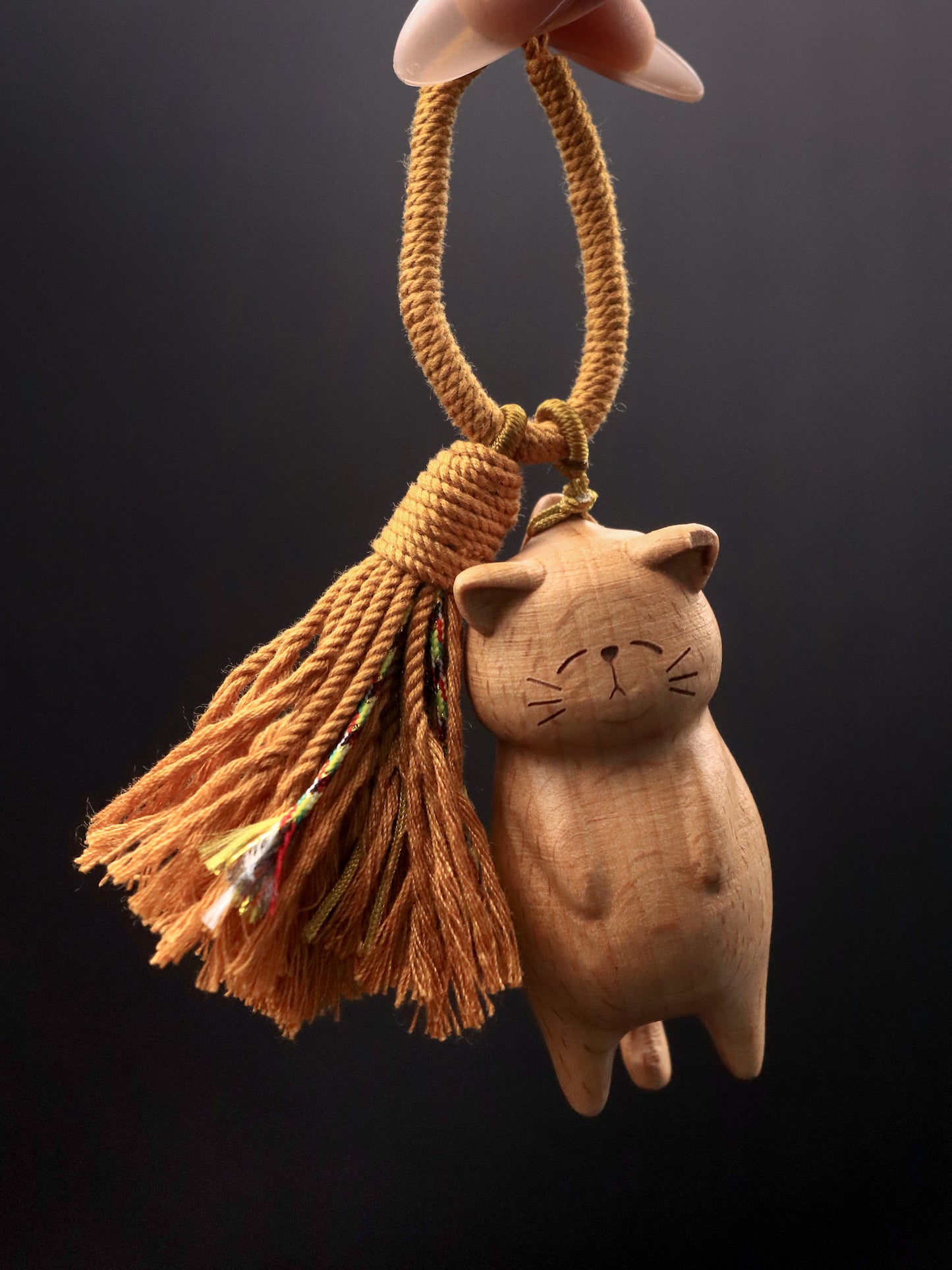 Walnut Wood Lazy Cat Keychain - Hand-Carved Cute Cat Bag Charm with Tassel XUANSHU