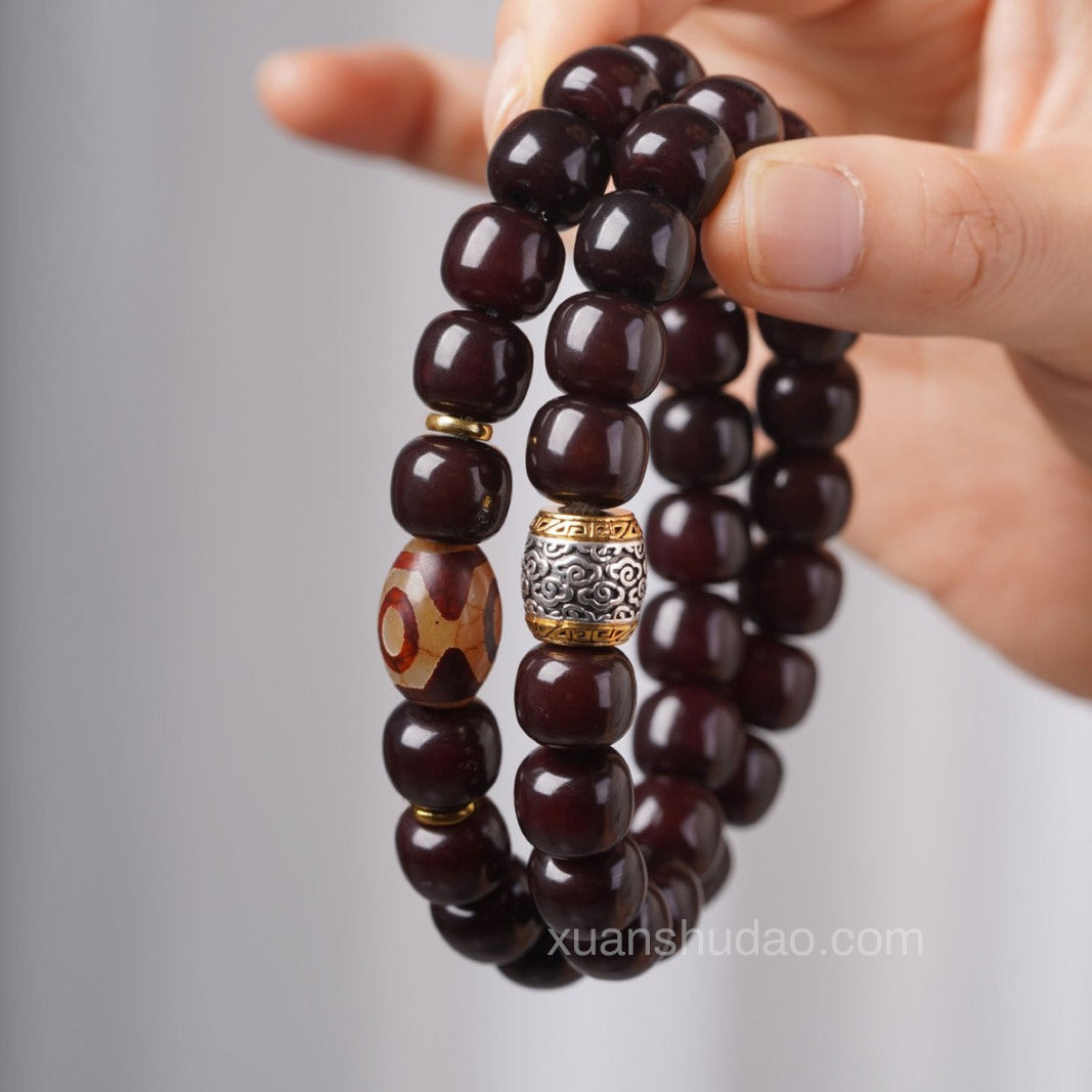 Black Bodhi Root Dzi Beads Double-Wrap Bracelet – Remove Sha Energy & Attract Wealth & Enhance Luck