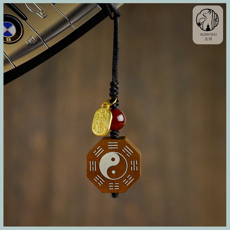 Zao Wood Inlaid Silver Bagua Taiji Pendant Mobile Chain Necklace - Taoist Spiritual Protection & Feng Shui Charm
