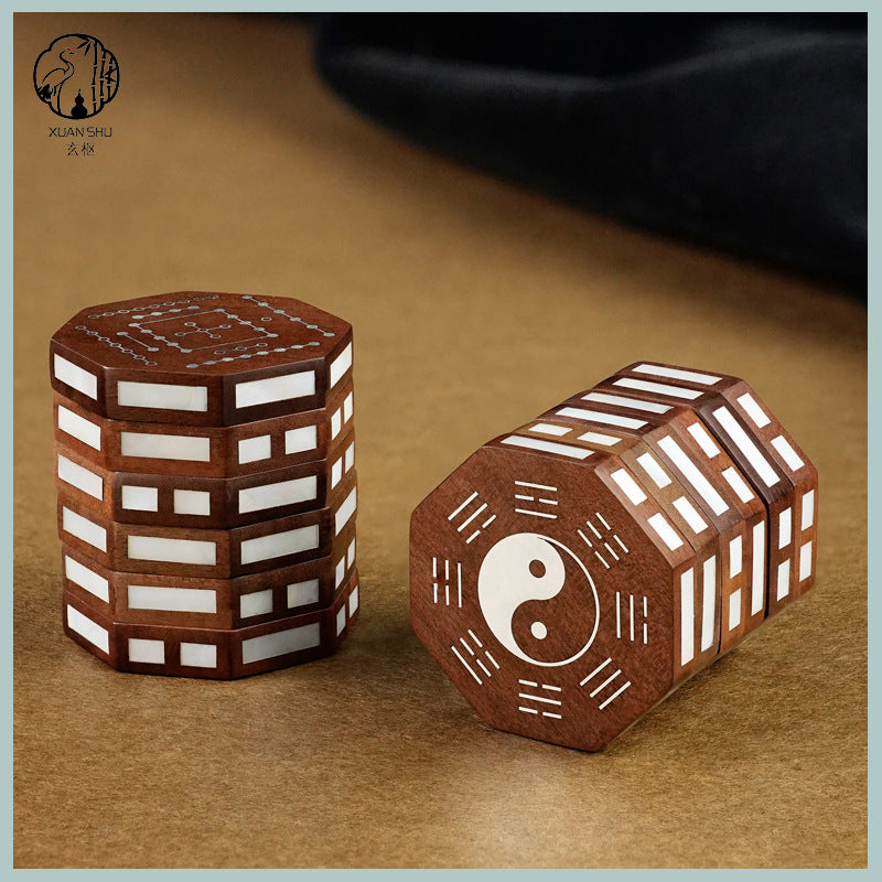 Zao Wood Inlaid Silver I Ching 64 Hexagrams Rotating Cube – Feng Shui Six Yao River Map Divination Stress Relief Puzzle